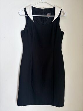 Vintage 80s Datiani Petites Black White Open Back Sheath Cocktail Dress